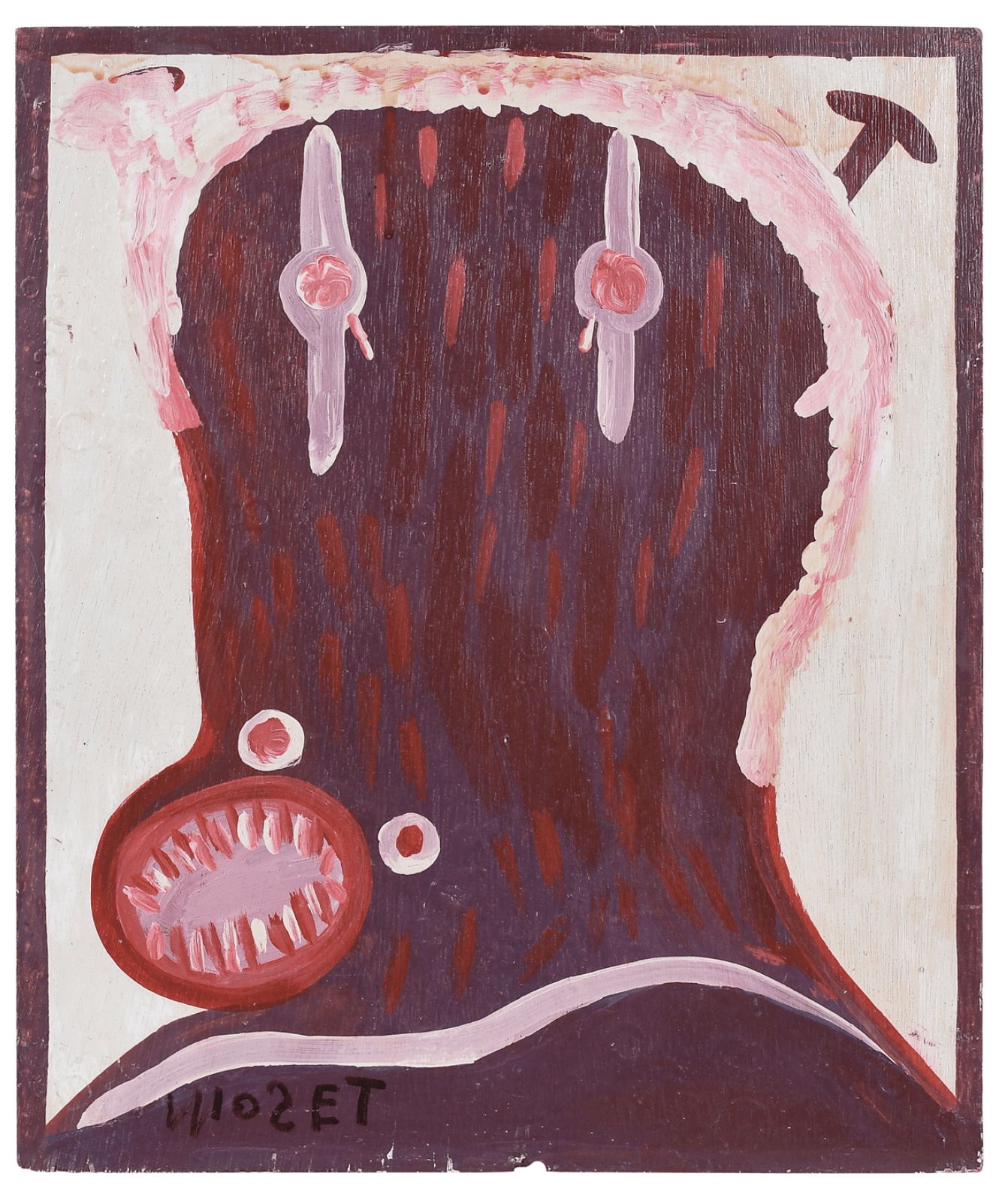 a painting of a monstrous face with sharp teeth, beady eyes, in purple and rose colors.